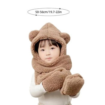 Зимна бебешка многофункционална топла шапка Деца Деца на открито Удебелена плюшена шапка Шал Ръкавици 3 в 1 Карикатура Мече Защита на ушите Шапка