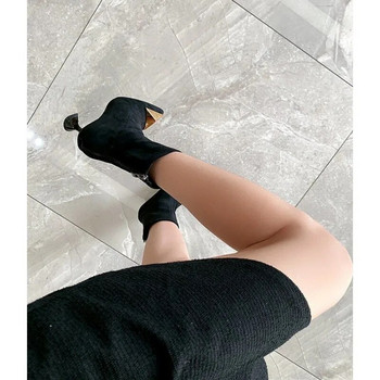 Нови есенни и зимни ботуши за 2023 г. Дамска корейска версия на велурени модни тънки ботуши, заострени високи токчета с черни дамски ботуши