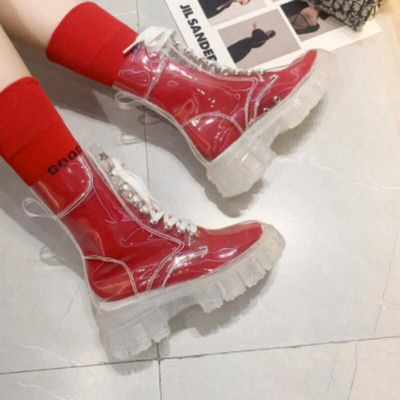 Μόδα Διαφανείς μπότες με τακούνι Μπότες βροχής Αδιάβροχα παπούτσια στον αστράγαλο Trend 2023 Γυναικεία χειμερινή πλατφόρμα με τακούνι