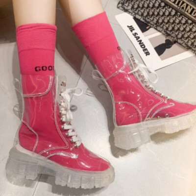 Μόδα Διαφανείς μπότες με τακούνι Μπότες βροχής Αδιάβροχα παπούτσια στον αστράγαλο Trend 2023 Γυναικεία χειμερινή πλατφόρμα με τακούνι