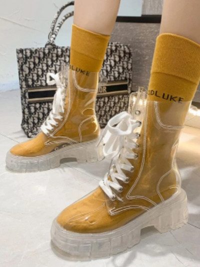 Μόδα Διαφανείς μπότες με τακούνι Μπότες βροχής Αδιάβροχα παπούτσια στον αστράγαλο Trend 2023 Γυναικεία χειμερινή πλατφόρμα με τακούνι