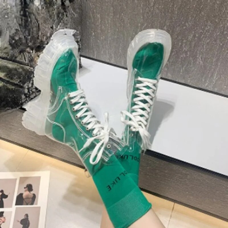 Μόδα Διαφανείς μπότες με τακούνι Μπότες βροχής Αδιάβροχα παπούτσια στον αστράγαλο Trend 2023 Γυναικεία χειμερινή πλατφόρμα με τακούνι