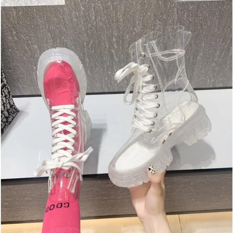 Μόδα Διαφανείς μπότες με τακούνι Μπότες βροχής Αδιάβροχα παπούτσια στον αστράγαλο Trend 2023 Γυναικεία χειμερινή πλατφόρμα με τακούνι
