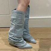 2023 Cizme de cowboy de toamnă groase, cu toc ascuțit, denim, albastru, înalte, cizme pentru femei, cizme de cavaler în stil stradal.
