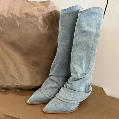 2023 Cizme de cowboy de toamnă groase, cu toc ascuțit, denim, albastru, înalte, cizme pentru femei, cizme de cavaler în stil stradal.