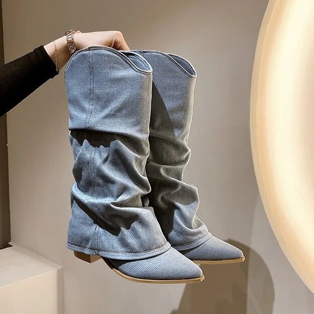 2023. aasta sügisene paksu kontsaga terava ninaga kauboisaapad, sinist reie kõrged naiste saapad, tänavastiilis ratsusaapad