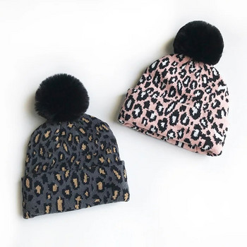 Майки Деца Зимна шапка за момичета Плетена бебешка шапка с помпон за момчета Шапки Леопардова топла детска шапка Аксесоари за бебета