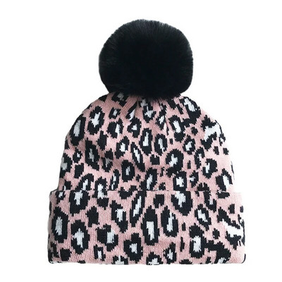 Ema-laste talvemüts tüdrukutele Pompom Kootud Beanie Beanie poistele Mütsid Leopard Soe Lastemüts Imikutarvikud