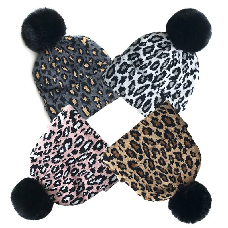 Ema-laste talvemüts tüdrukutele Pompom Kootud Beanie Beanie poistele Mütsid Leopard Soe Lastemüts Imikutarvikud