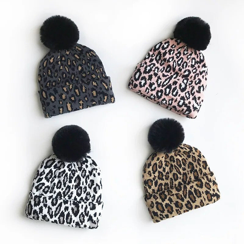 Ema-laste talvemüts tüdrukutele Pompom Kootud Beanie Beanie poistele Mütsid Leopard Soe Lastemüts Imikutarvikud