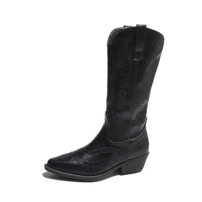 2023 pantofi de damă de înaltă calitate cu fermoar Cizme de damă broderie de modă Cizme moderne de femei sexy cu vârf ascuțit toc pătrat la jumătatea gambei