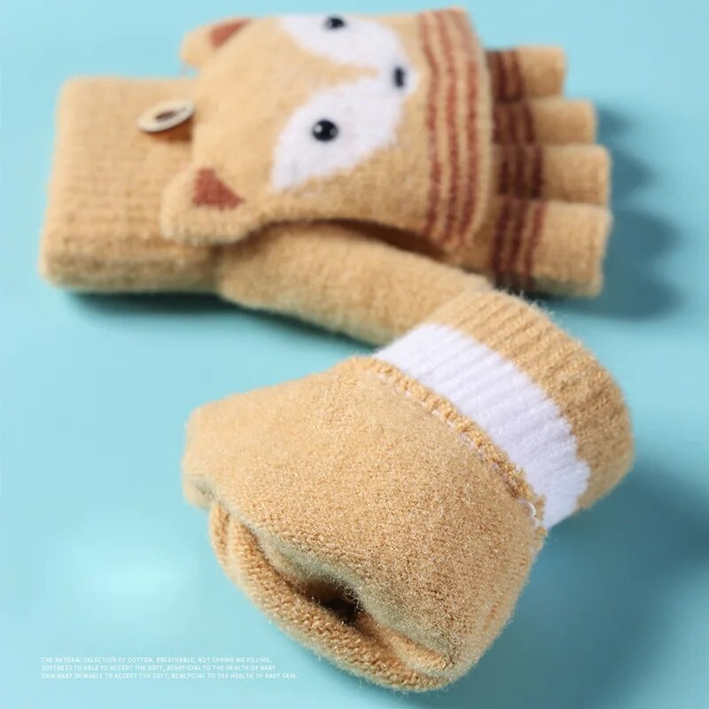 6-10 éves fiú lány szőrme gyapjú kötött gyerek puha félujjas billenő kesztyű gyerekeknek tél meleg aranyos rajzfilm róka kötött ujjatlan I89