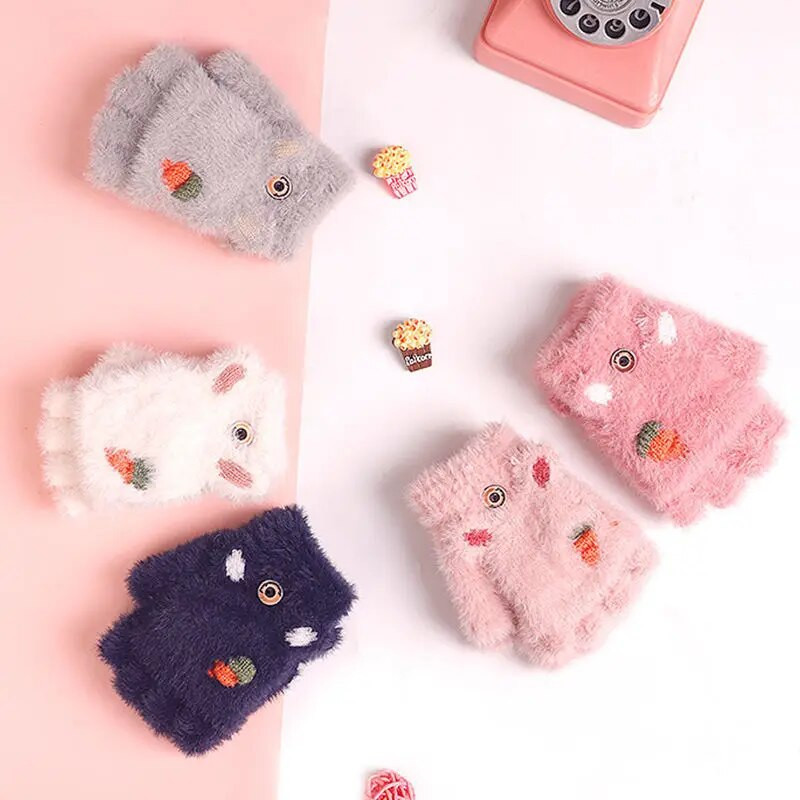 Aranyos gyerekek kesztyűk télen meleg műszőrme kötött fiú lány gyerekek kesztyű rajzfilm Félujj, kihajtható huzat kültéri ujjatlan 3-7Y
