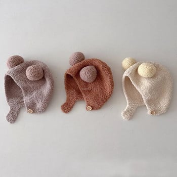 Χαριτωμένα χειμωνιάτικα ζεστά παιδικά κορίτσια Αγόρια Καπέλα μωρού Fleece μαλλί καπέλα στριφώματος με μπάλα μασίφ μαλλί προστατευτικά καπέλα αυτιών Μαλακό καπό νεογέννητου