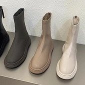 Femeie Cizme Plate Pantofi Femeie Cizme cu vârf rotund-Feme Jos Dama Negru Mid-Galf 2023 Cauciuc Rock Mid-Calf Lolita Toamna Slip-On F