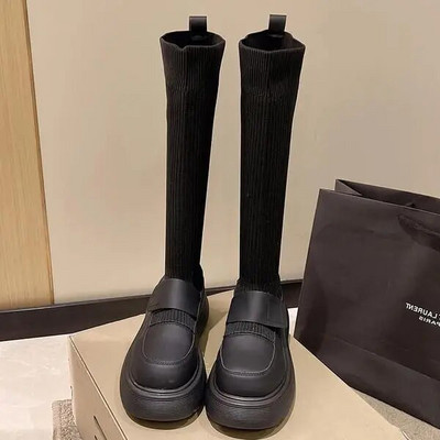 Femeie Cizme Plate Pantofi Femeie Cizme cu vârf rotund-Feme Jos Dama Negru Mid-Galf 2023 Cauciuc Rock Mid-Calf Lolita Toamna Slip-On F