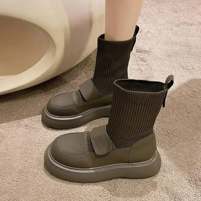 Femeie Cizme Plate Pantofi Femeie Cizme cu vârf rotund-Feme Jos Dama Negru Mid-Galf 2023 Cauciuc Rock Mid-Calf Lolita Toamna Slip-On F