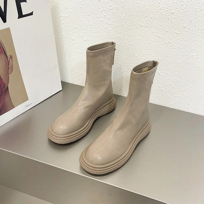 Femeie Cizme Plate Pantofi Femeie Cizme cu vârf rotund-Feme Jos Dama Negru Mid-Galf 2023 Cauciuc Rock Mid-Calf Lolita Toamna Slip-On F