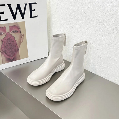 Femeie Cizme Plate Pantofi Femeie Cizme cu vârf rotund-Feme Jos Dama Negru Mid-Galf 2023 Cauciuc Rock Mid-Calf Lolita Toamna Slip-On F