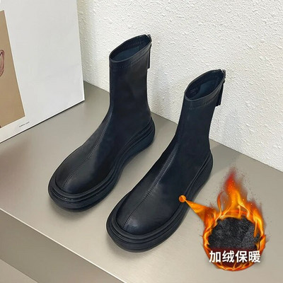 Femeie Cizme Plate Pantofi Femeie Cizme cu vârf rotund-Feme Jos Dama Negru Mid-Galf 2023 Cauciuc Rock Mid-Calf Lolita Toamna Slip-On F