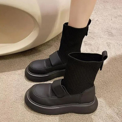 Femeie Cizme Plate Pantofi Femeie Cizme cu vârf rotund-Feme Jos Dama Negru Mid-Galf 2023 Cauciuc Rock Mid-Calf Lolita Toamna Slip-On F