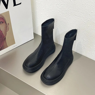 Femeie Cizme Plate Pantofi Femeie Cizme cu vârf rotund-Feme Jos Dama Negru Mid-Galf 2023 Cauciuc Rock Mid-Calf Lolita Toamna Slip-On F