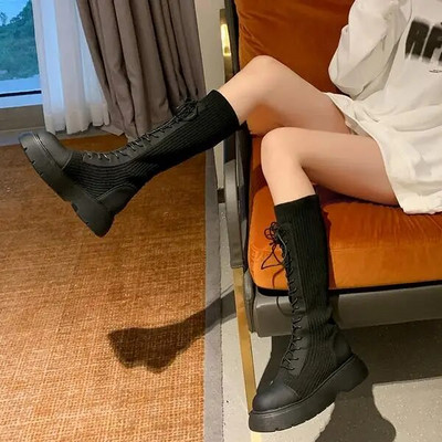 Femeie Cizme Plate Pantofi Femeie Cizme cu vârf rotund-Feme Jos Dama Negru Mid-Galf 2023 Cauciuc Rock Mid-Calf Lolita Toamna Slip-On F