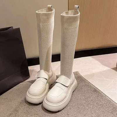Femeie Cizme Plate Pantofi Femeie Cizme cu vârf rotund-Feme Jos Dama Negru Mid-Galf 2023 Cauciuc Rock Mid-Calf Lolita Toamna Slip-On F