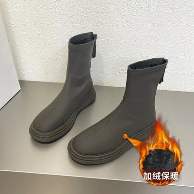 Femeie Cizme Plate Pantofi Femeie Cizme cu vârf rotund-Feme Jos Dama Negru Mid-Galf 2023 Cauciuc Rock Mid-Calf Lolita Toamna Slip-On F
