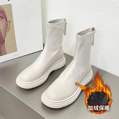 Femeie Cizme Plate Pantofi Femeie Cizme cu vârf rotund-Feme Jos Dama Negru Mid-Galf 2023 Cauciuc Rock Mid-Calf Lolita Toamna Slip-On F