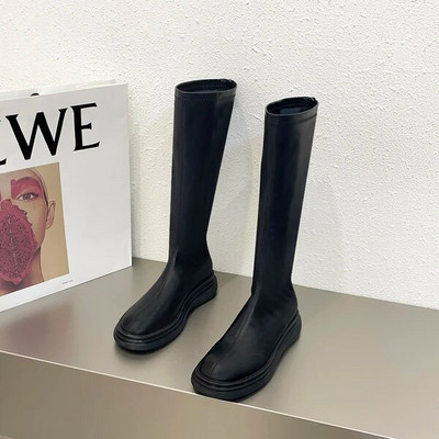 Femeie Cizme Plate Pantofi Femeie Cizme cu vârf rotund-Feme Jos Dama Negru Mid-Galf 2023 Cauciuc Rock Mid-Calf Lolita Toamna Slip-On F