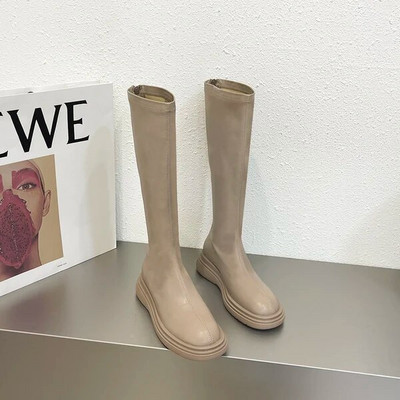 Femeie Cizme Plate Pantofi Femeie Cizme cu vârf rotund-Feme Jos Dama Negru Mid-Galf 2023 Cauciuc Rock Mid-Calf Lolita Toamna Slip-On F