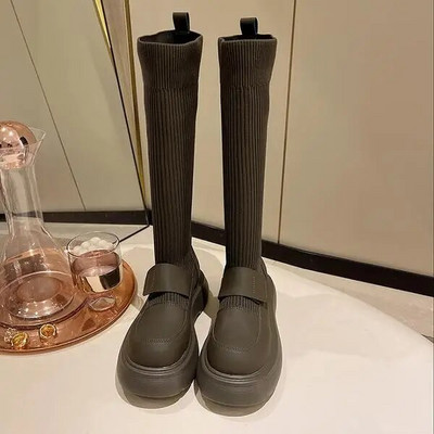 Femeie Cizme Plate Pantofi Femeie Cizme cu vârf rotund-Feme Jos Dama Negru Mid-Galf 2023 Cauciuc Rock Mid-Calf Lolita Toamna Slip-On F