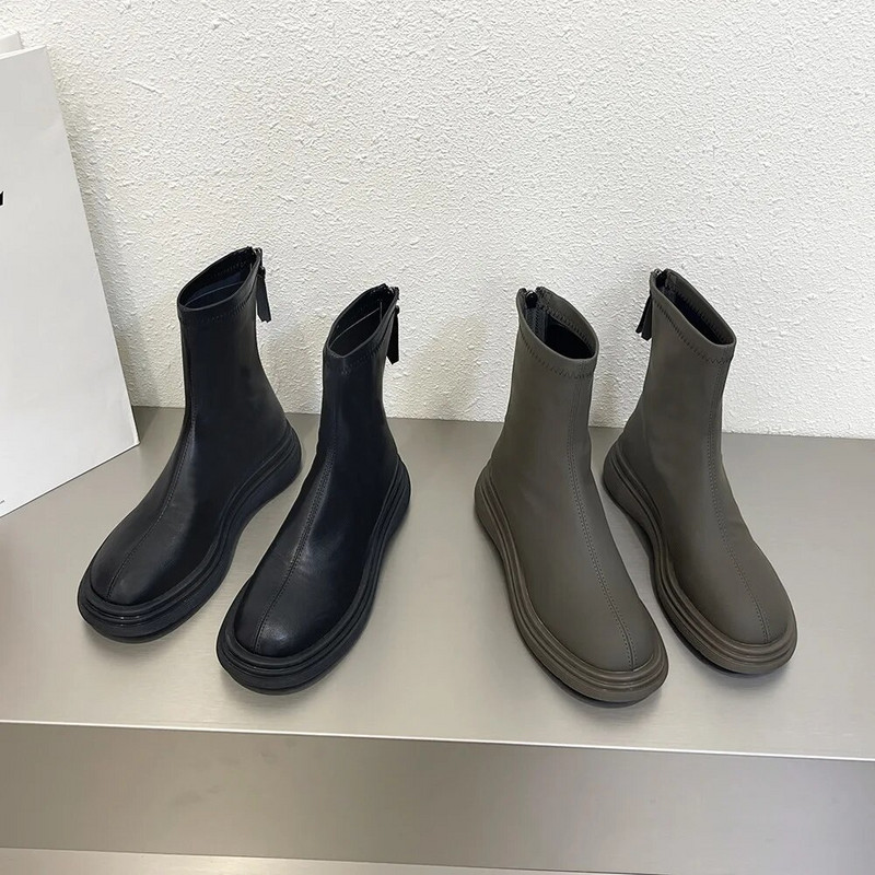 Γυναικείες ίσιες μπότες Γυναικεία παπούτσια Στρογγυλές μπότες-Γυναικείες χαμηλές γυναικείες μαύρες μεσαίες γάμπες 2023 Rubber Rock Mid-Calf Lolita Autumn Slip-On F