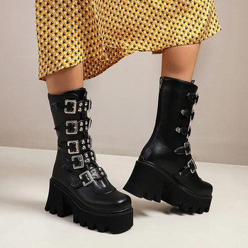 Φθινοπωρινές χειμερινές γυναικείες μπότες με γόβες Fashion Punk Goth Μπότες μεσαίου σωλήνα πλατφόρμας για γυναικεία παπούτσια Γυναικείες μαύρες μπότες μοτοσικλέτας
