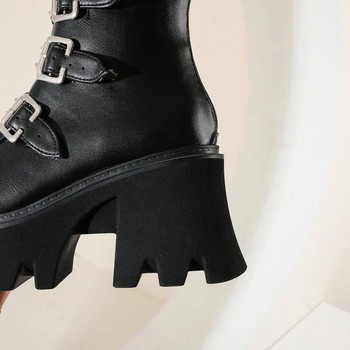 Φθινοπωρινές χειμερινές γυναικείες μπότες με γόβες Fashion Punk Goth Μπότες μεσαίου σωλήνα πλατφόρμας για γυναικεία παπούτσια Γυναικείες μαύρες μπότες μοτοσικλέτας