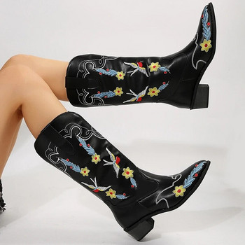 Дамски западни ботуши с бродирани до средата на прасеца Есенни ботуши за 2023 г. с остри пръсти Каубойски ботуши Плюс размер 43 Дамски обувки на висок ток
