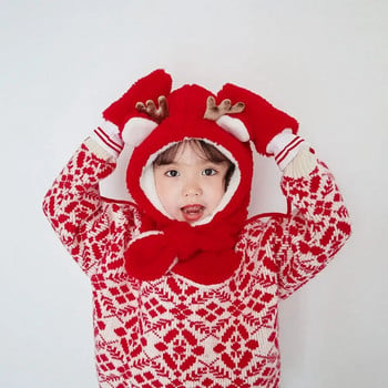 2 τεμ/σετ Χριστουγεννιάτικο δώρο κινουμένων σχεδίων Χριστουγεννιάτικο φθινόπωρο Χειμερινό ελαφοκέρατα Χοντρό ζεστό μωρό καπέλο Κασκόλ Γάντια Καπέλα Σετ γάντια