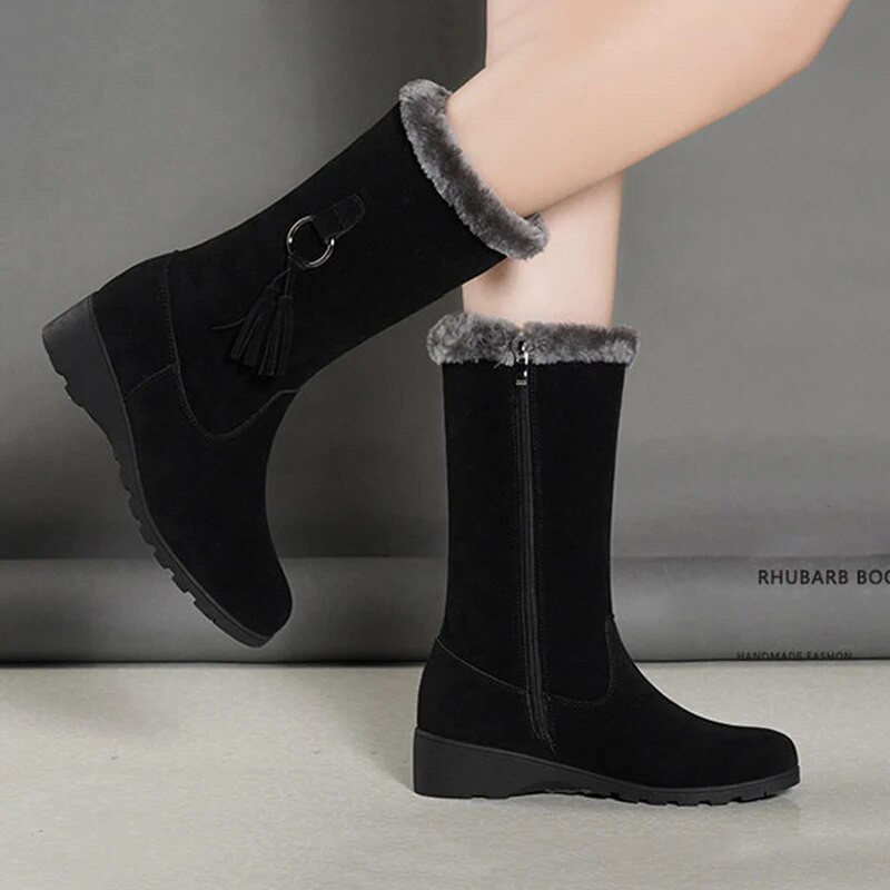 Γυναικείες μπότες στη μέση της γάμπας 2023 Χειμερινές νέες μπότες χιονιού με μάλλινες παχύρρευστες βαμβακερές μπότες με ζεστό φερμουάρ στο πλάι