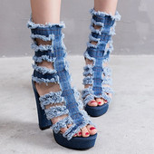 Cizme de vară pentru femei, denim, cu vârf deschis, cu tocuri super înalte, pline, cu platformă la mijlocul gambei, cu fermoar din cauciuc, pantofi de nuntă pentru femei, pantofi mujer N60W