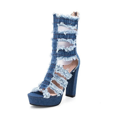 Cizme de vară pentru femei, denim, cu vârf deschis, cu tocuri super înalte, pline, cu platformă la mijlocul gambei, cu fermoar din cauciuc, pantofi de nuntă pentru femei, pantofi mujer N60W
