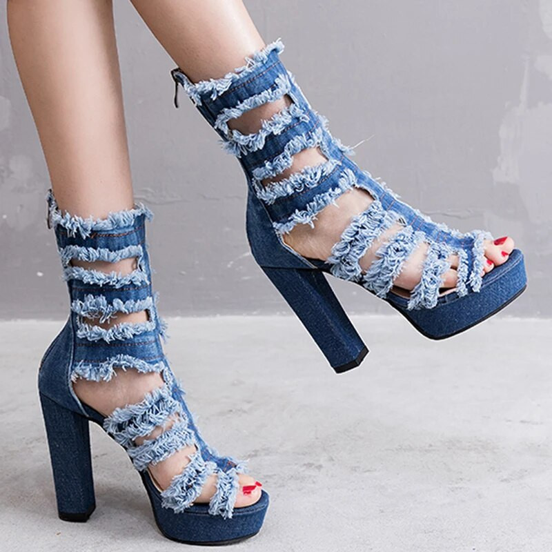 Cizme de vară pentru femei, denim, cu vârf deschis, cu tocuri super înalte, pline, cu platformă la mijlocul gambei, cu fermoar din cauciuc, pantofi de nuntă pentru femei, pantofi mujer N60W