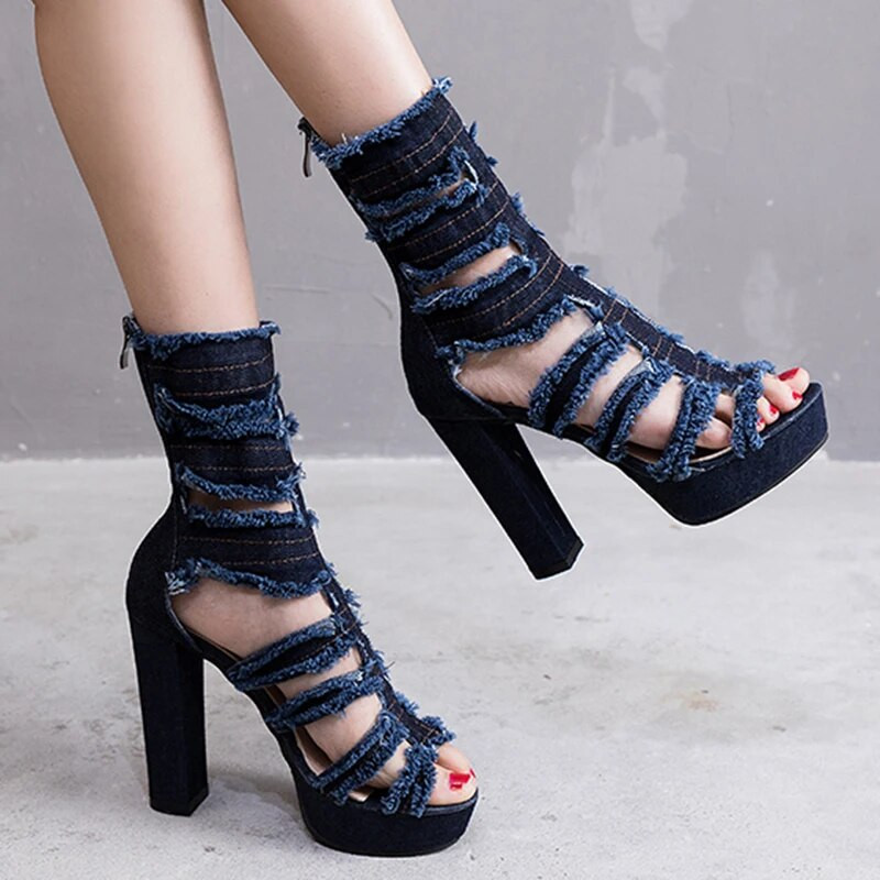 Cizme de vară pentru femei, denim, cu vârf deschis, cu tocuri super înalte, pline, cu platformă la mijlocul gambei, cu fermoar din cauciuc, pantofi de nuntă pentru femei, pantofi mujer N60W