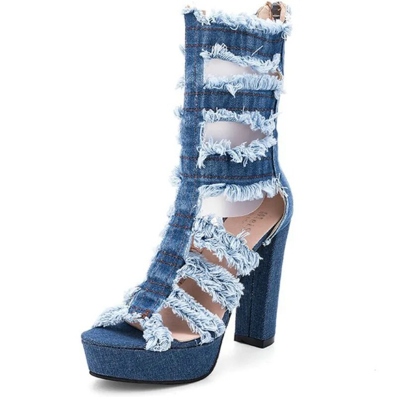 Cizme de vară pentru femei, denim, cu vârf deschis, cu tocuri super înalte, pline, cu platformă la mijlocul gambei, cu fermoar din cauciuc, pantofi de nuntă pentru femei, pantofi mujer N60W