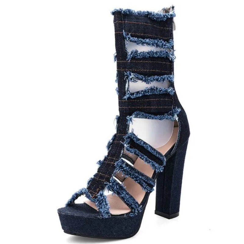 Cizme de vară pentru femei, denim, cu vârf deschis, cu tocuri super înalte, pline, cu platformă la mijlocul gambei, cu fermoar din cauciuc, pantofi de nuntă pentru femei, pantofi mujer N60W