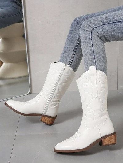 Χρυσές μπότες στη μέση της γάμπας Γυναικείο φερμουάρ στο πλάι Ασημί μυτερές Western Cowboy Μπότες Ρετρό μόδα Μαύρες μπότες συν μέγεθος 36-43 Γυναικείες μπότες