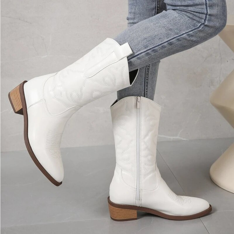 Χρυσές μπότες στη μέση της γάμπας Γυναικείο φερμουάρ στο πλάι Ασημί μυτερές Western Cowboy Μπότες Ρετρό μόδα Μαύρες μπότες συν μέγεθος 36-43 Γυναικείες μπότες