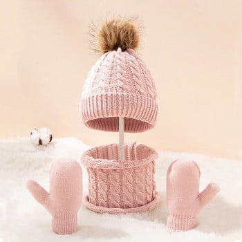 Χειμερινά Παιδικά Καπέλο Κασκόλ Γάντια Σετ Βρεφικά Κορίτσια Αγόρια Μονόχρωμα Παιδικά Αξεσουάρ Νεογέννητο Βρεφικό Ζεστό Κιτ Γούνινες Μπάλες 2023