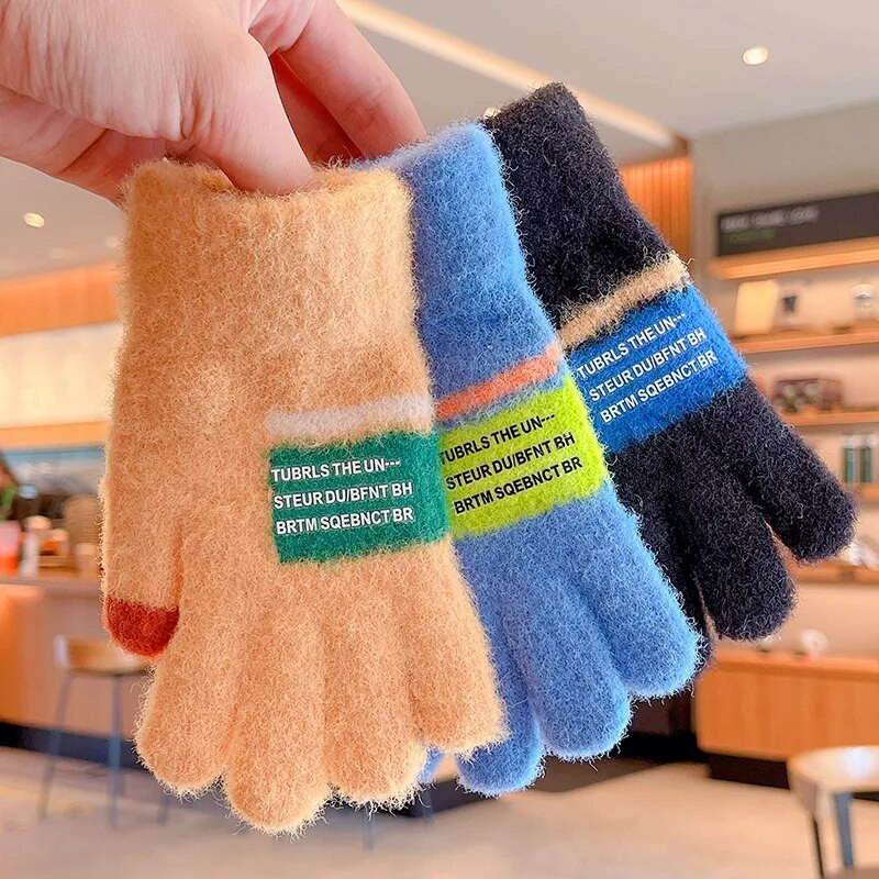 Talv uus talv Lapsed kudumine paksendatud kirjaga plüüs Viis sõrme kindad poisid tüdrukud õues soojad kindad lapsed värvid kindad