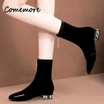 Дамски ботуши с къси чорапи Comemore Дамски ботуши Пролетни дамски зимни обувки със страз квадратен ток на среден ток Луксозни дамски обувки Zapatos Mujer